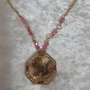 Handmade Butterfly Necklace Pink Preciosa Crystals  Chain 23" long
